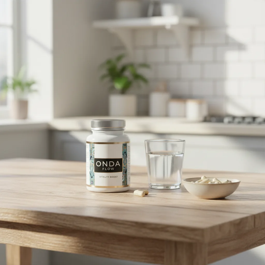OndaFlow Vitality Boost -purkki aamuvalossa lasin veden vieressä vaalealla keittiöpöydällä